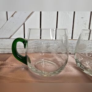 Vintage CRYSTAL Etched Grape Decorative Design Green Handle Drinking Mug